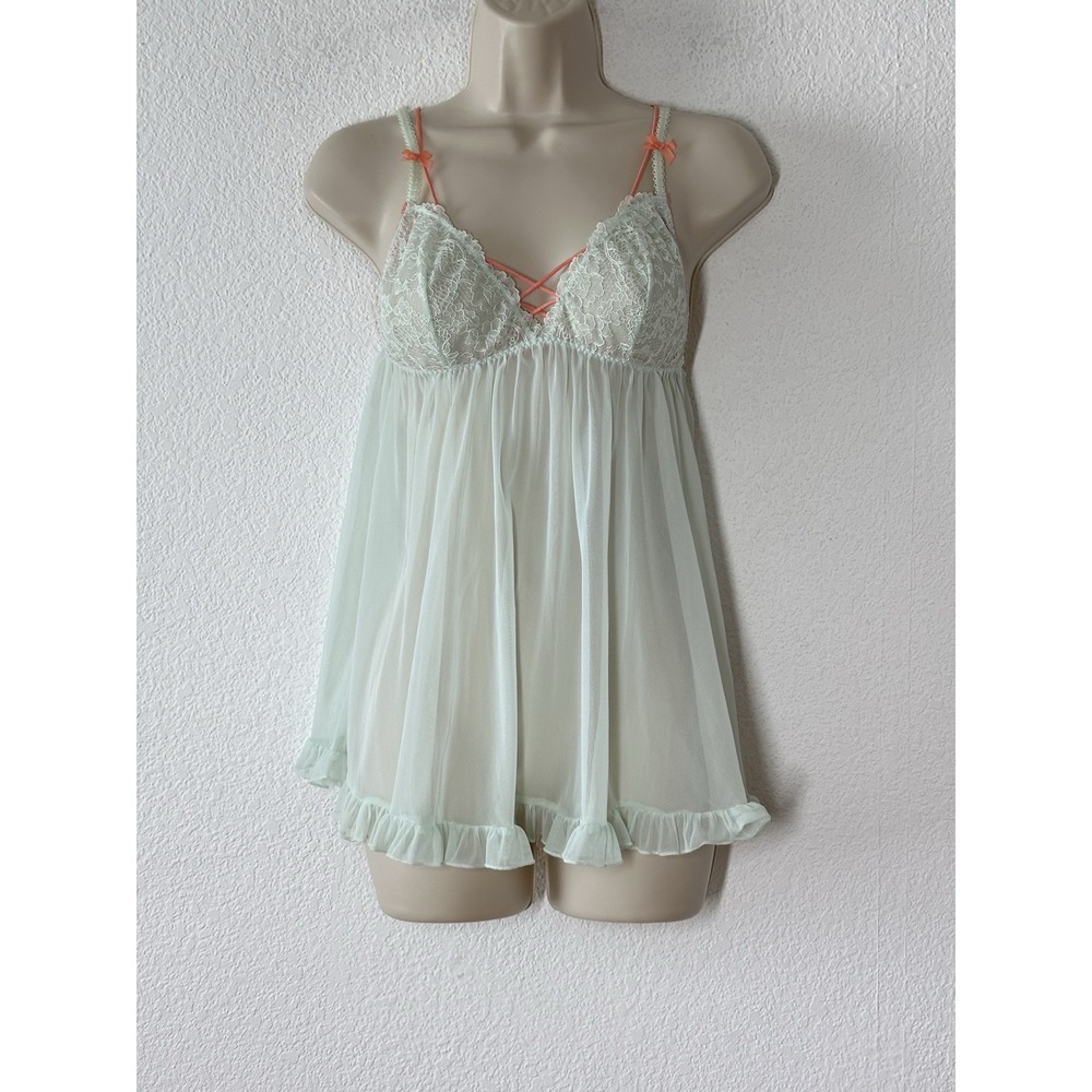 Victorias Secret Sz Small Sheer‎ Green Babydoll Nighty Open Back Ruffle Coquette